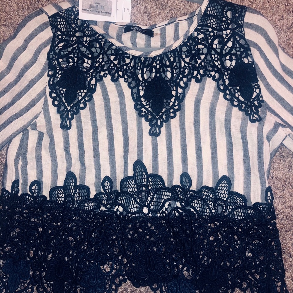 Navy Striped Crochet/Lace Top😍 - Picture 2 of 5